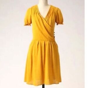 Anthropologie By Moth Mustard  Sweater Wrap Puff Sleeve Mini Dress With Pockets